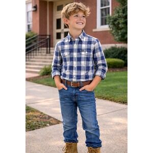 Brooks Brothers Fleece Boys' Button Down Shirt Medium Blue Plaid Long Sleeve